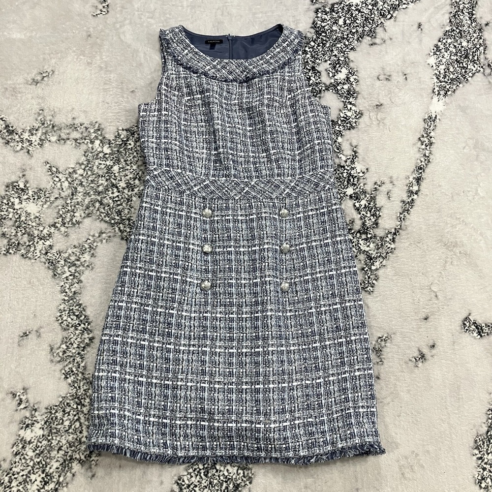 Talbots Dress Womens Sz 4 Blue Tweed Sleeveless Fringe Hem Button‎ Detail Sheath